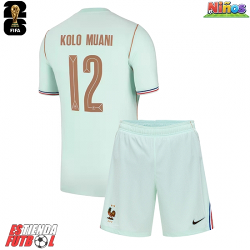 Francia Randal Kolo Muani #12 Segunda Equipación Niños Mundial 2026 Manga Corta (+ Pantalones cortos)